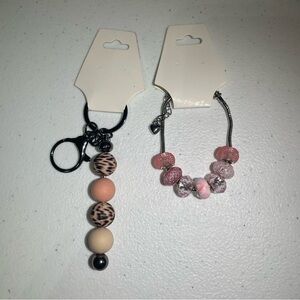 Pink and Black Beaded Keychain and Bracelet Set